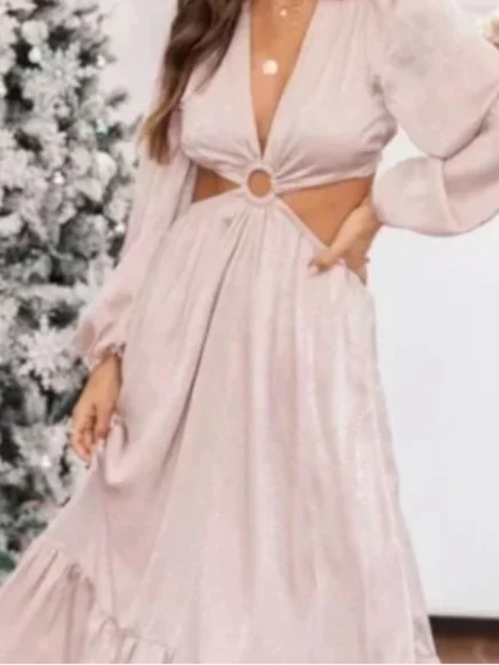 Pink Lily Blush Ring Cutout Long Sleeve Maxi Dress